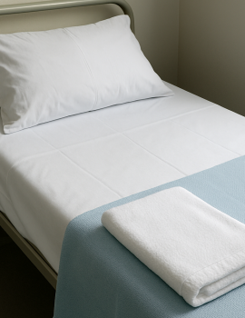 Hospital bedsheet and fleece blanket in medical room